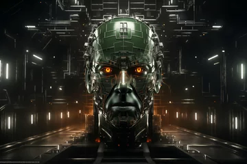 Poster a large cyber robot head in the workshop with glowing red eyes, a robot manufacturing plant, an industrial environment © soleg