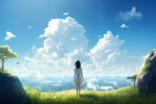 a girl stands in a meadow with her back to the viewer, a beautiful summer landscape, mountains in the distance, a blue sky with clouds, a bright sunny day