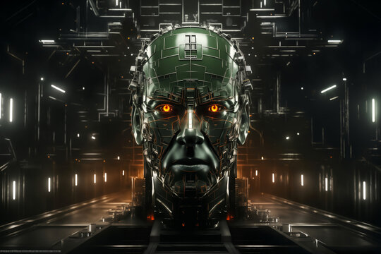 a large cyber robot head in the workshop with glowing red eyes, a robot manufacturing plant, an industrial environment