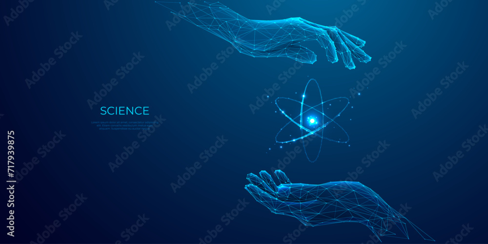 Poster abstract scientist hands-holding nuclear atom hologram model. science, technology concepts. low poly