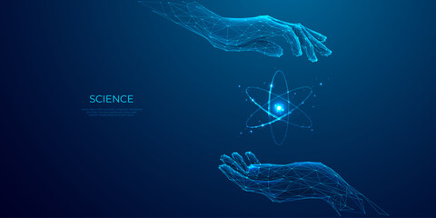 Abstract scientist hands-holding nuclear atom hologram model. Science, Technology concepts. Low poly light blue digital hand securing molecule icon on blue background. 3D polygon vector illustration - obrazy, fototapety, plakaty