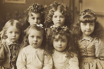 Vintage nostalgic portrait of group of girls, retro photo. Vintage picture with original film grain