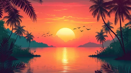 Fotobehang sunset on the beach, summer background Vector silhouette generative AI © OOTIDI