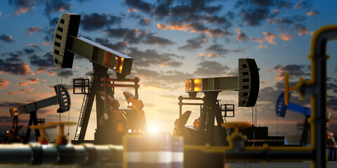 Oil rigs on the background of sunset. Oil production. 3D image - obrazy, fototapety, plakaty