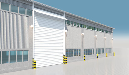 the warehouse gate. The warehouse buildings are white. Equipment for the warehouse. 3D image