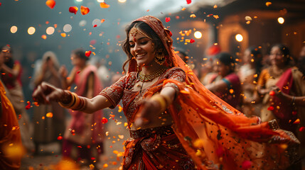 An Indian woman, adorned in traditional attire and jewelry, gracefully engages in traditional dance during a wedding celebration. Generative AI - obrazy, fototapety, plakaty