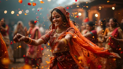 Foto op Plexiglas An Indian woman, adorned in traditional attire and jewelry, gracefully engages in traditional dance during a wedding celebration. Generative AI © masanyanka