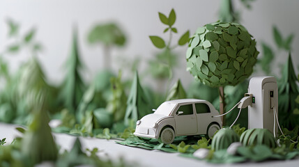 Electric car charging, green energy, charging in the forest, white and green colors. Generative AI - obrazy, fototapety, plakaty