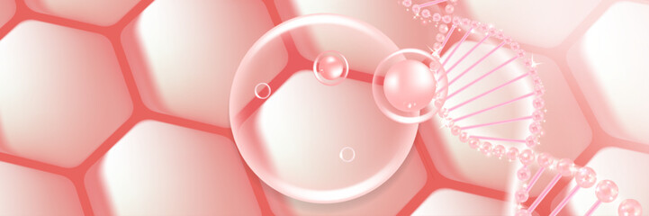 Hyaluronic acid hair and skin solutions ad, pink collagen serum drops into skin cells with cosmetic advertising background ready to use, illustration vector.