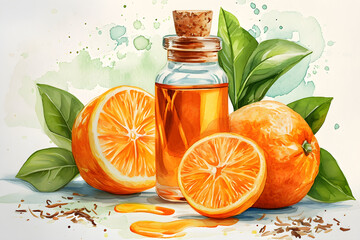 Watercolor illustration of Orange Aroma Oil from Natural Essential Botanicals. Generative AI