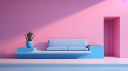 Blue sofa and pink wall, Modern and futuristic room design. generative AI