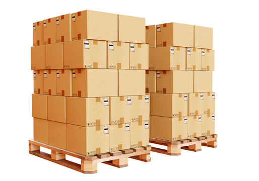the boxes are on a pallet. Cardboard boxes are stacked on a wooden pallet. 3D image