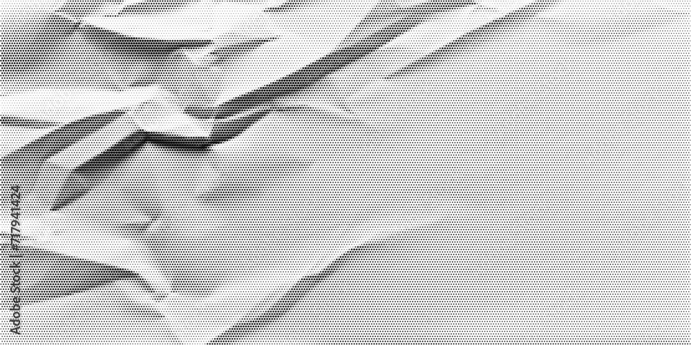 Poster Halftone texture with crumpled paper. Retro Effect. Background with dots and noise. Vector collage banner