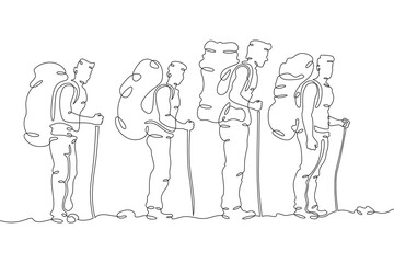 Fototapeta na wymiar A group of tourists hiking. Travelers with big backpacks. Summer walking in nature. One continuous line drawing. Linear. Hand drawn, white background. One line
