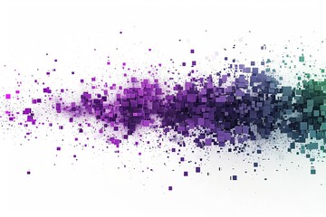 Purple and green exploding pixels come to life in this modern vector design, isolated on a white background, offering a visually appealing option for a simple shapes web banner or poster