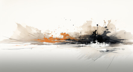 a group of splatters and paint is drawn on a white surface, dark brown, aggressive digital illustration, dark gray and dark black, landscape painting