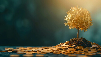 golden tree growing on pile of golden coins, business and investment growth - obrazy, fototapety, plakaty