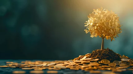 Fotobehang golden tree growing on pile of golden coins, business and investment growth © Slowlifetrader