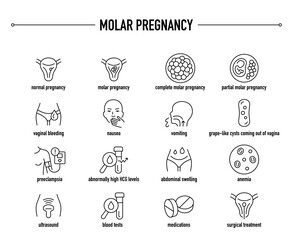 Molar Pregnancy symptoms, diagnostic and treatment vector icons. Line editable medical icons.