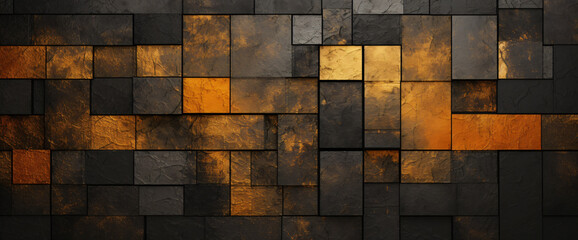 abstract image of tiles bordered brick with gold and black, graphic design poster art, dark yellow and light orange, textured canvas, textured canvases, - Powered by Adobe