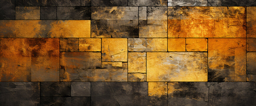 abstract image of tiles bordered brick with gold and black, graphic design poster art, dark yellow and light orange, textured canvas, textured canvases,