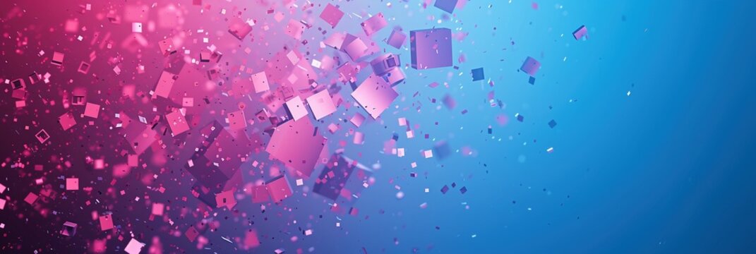 "Exploding Pixels" electrifies with neon pink and blue hues, creating a bold and futuristic design. Simple shapes enhance the visual impact, making it an ideal choice for background wallpaper, posters