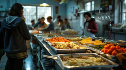 Canteen for the homeless. Concept of helping people with disabilities, charity. Homeless people serve food from trays.