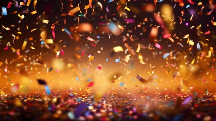 A festive and colorful party with flying neon confetti on a golden background