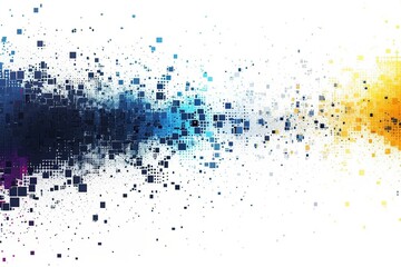 Engage your audience with the energetic combination of blue and yellow exploding pixels in a vector design, set against a clean white background, perfect for a simple shapes poster or web banner