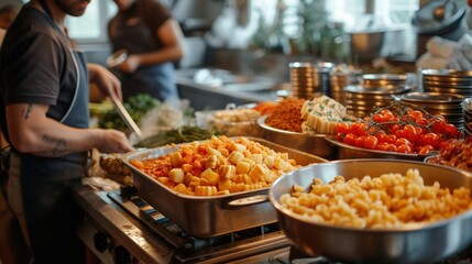 Obraz premium Canteen for the homeless. Concept of helping people with disabilities, charity. Homeless people serve food from trays.