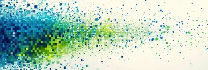 "Exploding Pixels" bursts with vibrancy, showcasing a harmonious blend of blue and green against a clean white background. Simple shapes elevate the design, making it perfect for background wallpaper