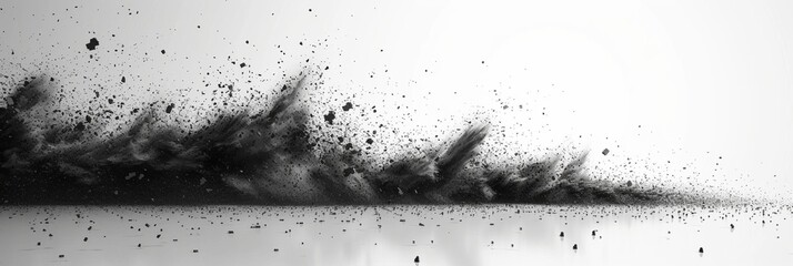 "Exploding Pixels" comes to life in black and grey tones against a crisp white background, using simple shapes to create a sophisticated and versatile design for wallpaper, posters, banners
