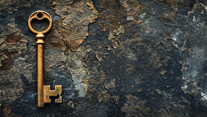 Old golden key on a dark stone slab, suitable for text or graphics