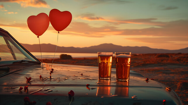 Cinematic photograph of two beer pint on the hood of an old classic car. sunset. Hills. Mountains. Beach. Heart shaped balloons and confeti. Valentines. Love