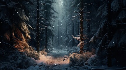 A snowy forest path lined with evergreens in winter.