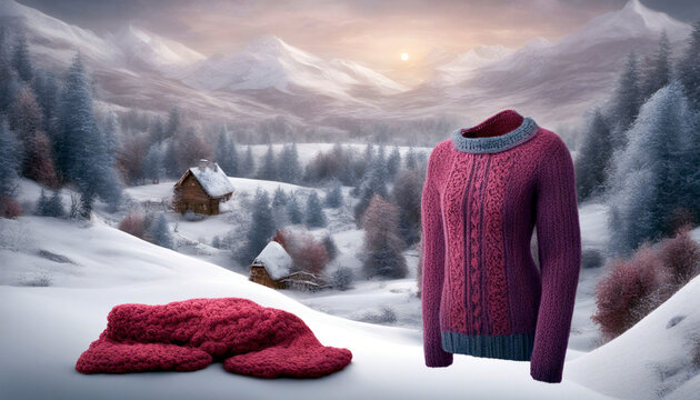 Pullover und Schal in Winterkulisse. W&auml;rmende Illustration warmer Winter.a Kleidung. Wundersch&ouml;ner Wintertag. Modische Inspiration zum Vergn&uuml;gen in der K&auml;lte.