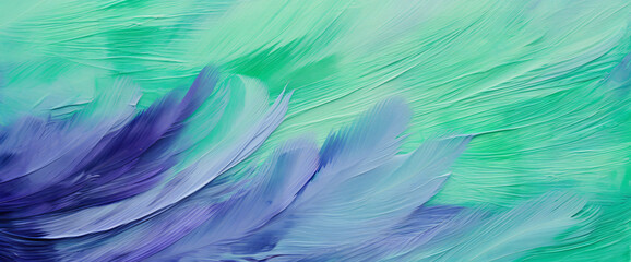 green background with a bright green, blue and purple color, in the style of layered brushstrokes, light sky-blue and dark gray, unprimed canvas, detailed feather