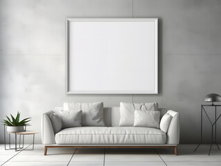 3D modern interior with blank poster frame mockup in the wall