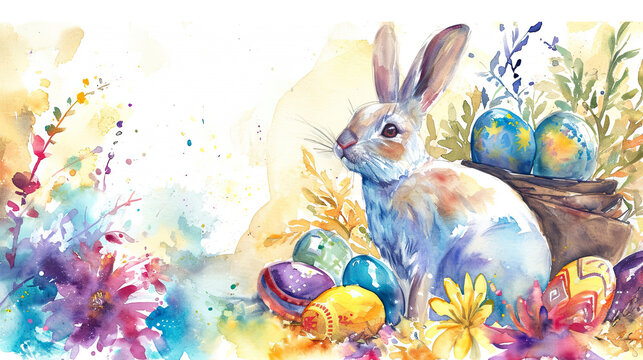 watercolor illustration festive easter composition bunny and eggs
