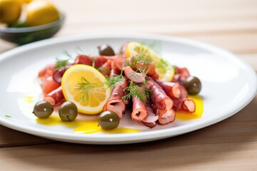 sliced octopus with capers and a lemon twist garnish