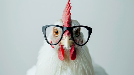 white chicken wearing black rimmed glass in front of white background