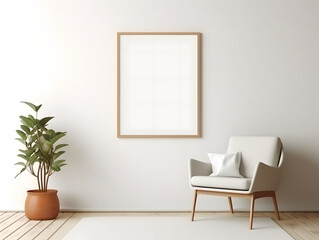 3D modern interior with blank poster frame mockup in the wall
