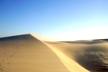 Fototapeta na wymiar flying sand, wind drifts on the high sandy dune landscape near Valdevaqueros during sunset, Tarifa, Cadiz, Andalusia, Spain, fantastic landscape, tourism, travel