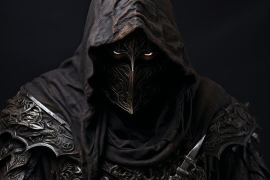 dark medieval corrupt warrior with hood on