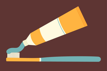 Toothpaste and toothbrush. Toothpaste coming out of tube. Flat vector isolated illustration