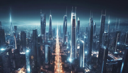 Futuristic technology city background banner with modern high-rise buildings blue sky  
