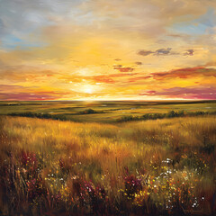 Golden Sunset Over Serene Prairie Landscape.