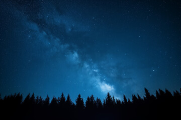 Blue dark night sky with many stars above field of trees. Milkyway cosmos background