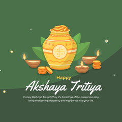 Festive poster for Akshaya Tritiya, featuring a gold pot filled with coins on a green background.