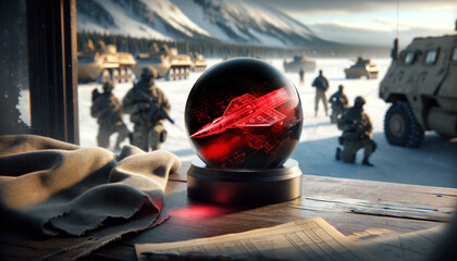 Crystal ball on a desk, AI driven red vision of fighter jet design. Blurred military winter operation in the background - obrazy, fototapety, plakaty